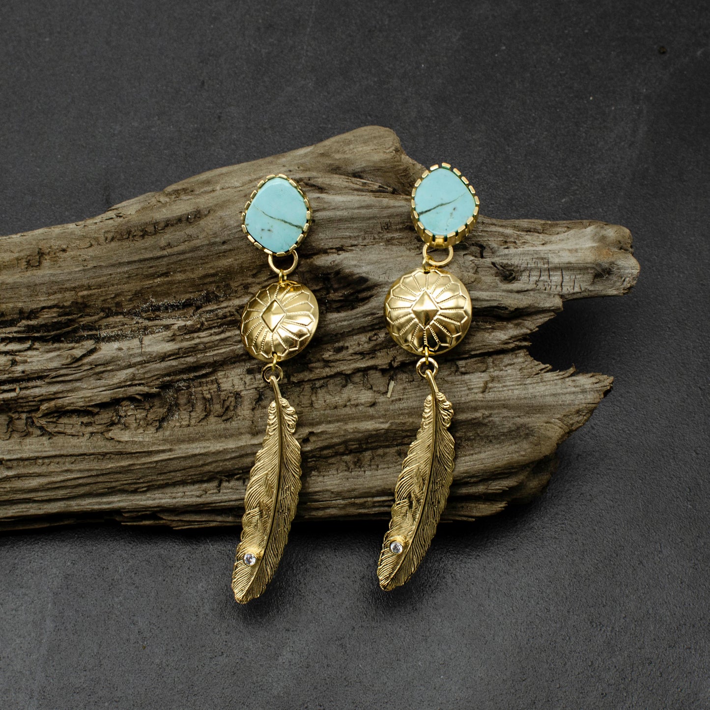 Sleeping Beauty Concho & Feather Earrings