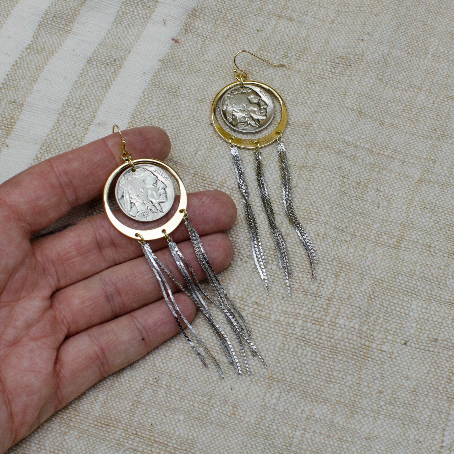 Buffalo Nickel Statement Fringe Earrings