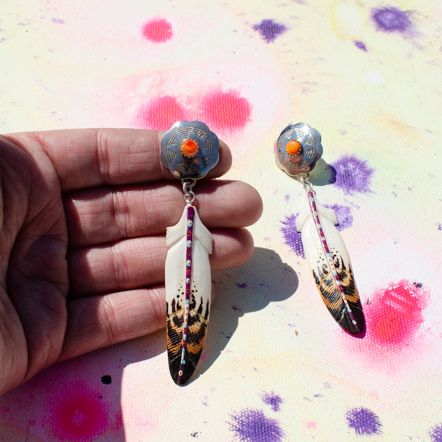 Spiny Oyster Concho Feather Earrings