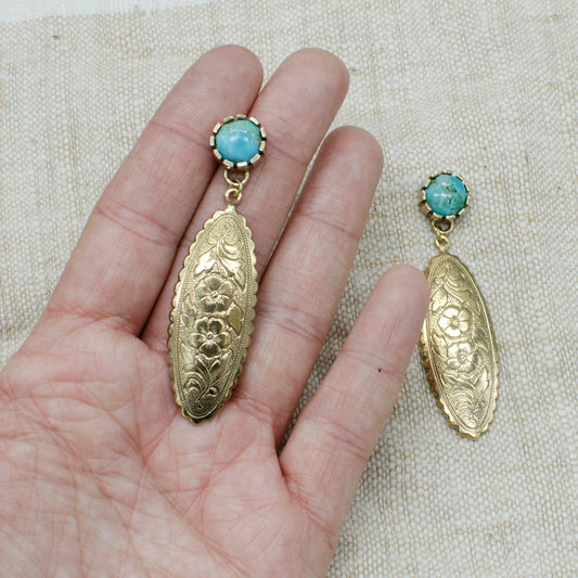 Engraved Floral Turquoise Earrings