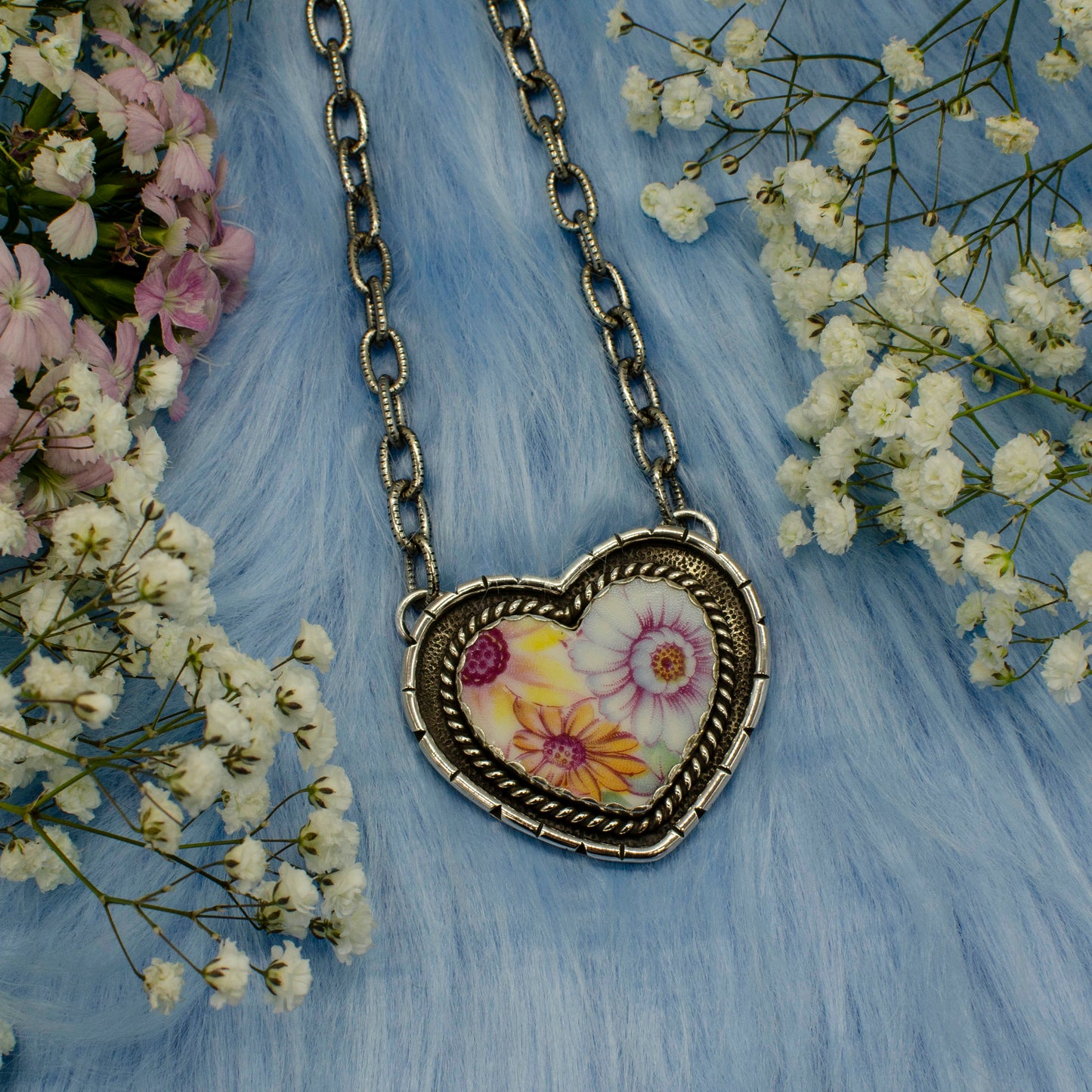 One-of-a-Kind Vintage Broken China Floral Heart Pendant