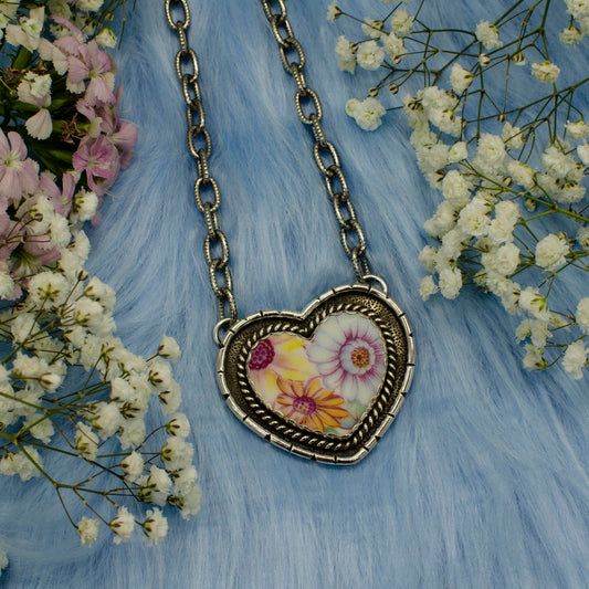 One-of-a-Kind Vintage Broken China Floral Heart Pendant