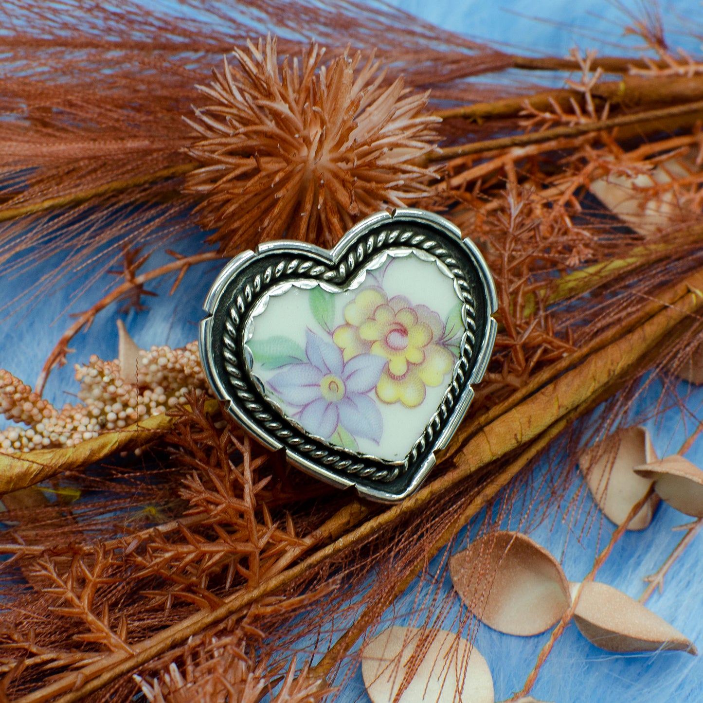 Reclaimed Broken China Floral Heart Ring