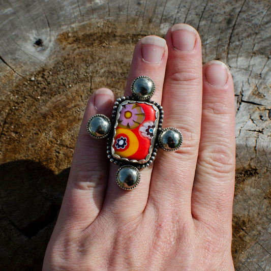 Millefiori Glass & Golden Pyrite Statement Ring