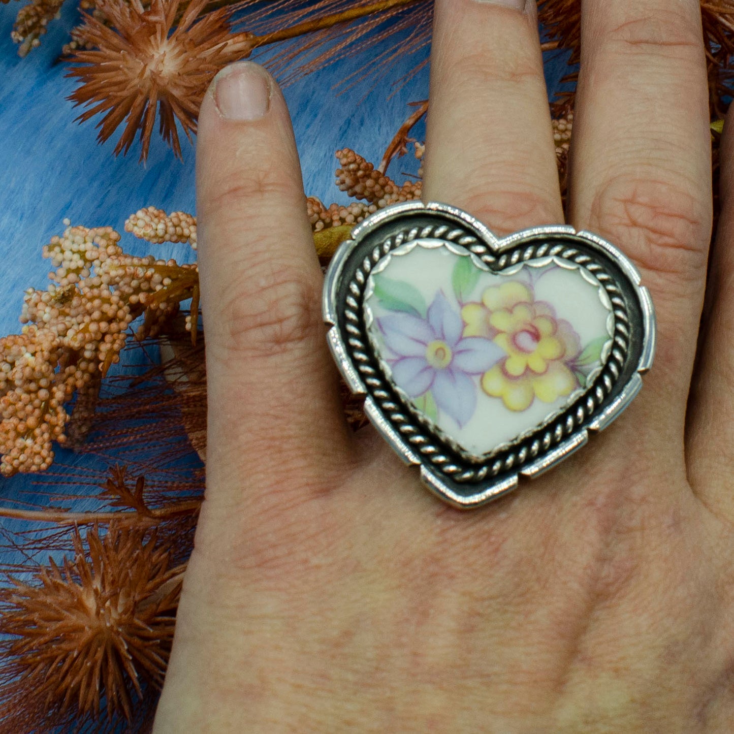 Reclaimed Broken China Floral Heart Ring