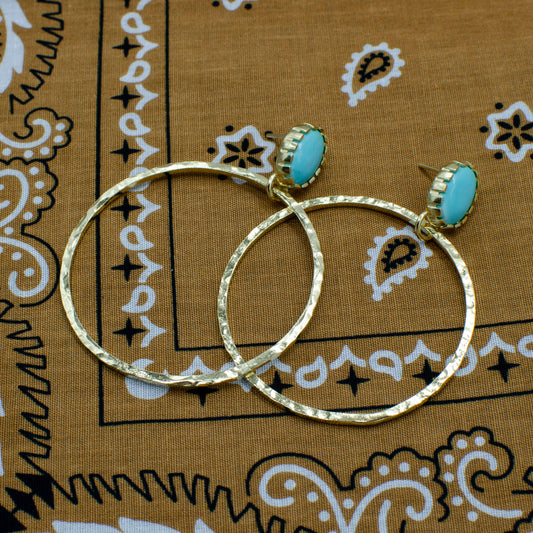 Hammered Turquoise Gold Hoops