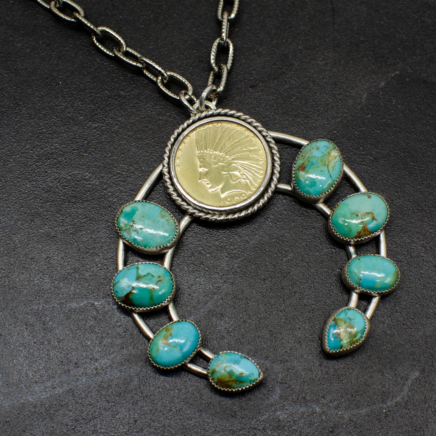 Liberty Coin Turquoise Roped Squash Blossom