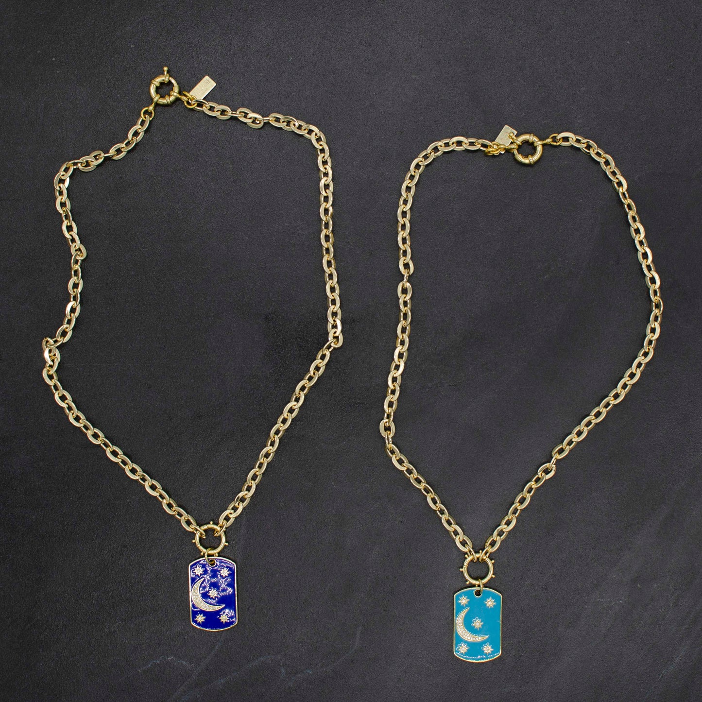 Enamel Moon and Stars Tag Necklace