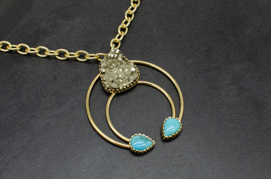 W-Gold Pyrite & Turquoise Cosmic Squash Blossom