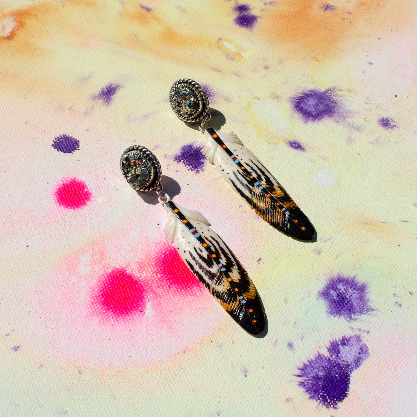 Sparkle Pyrite Feather Bone Earrings