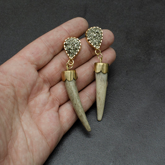 Antler and Pyrite Drop Earrings