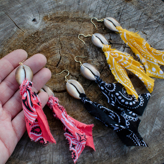 Cowrie Shell & Frayed Bandana Earrings