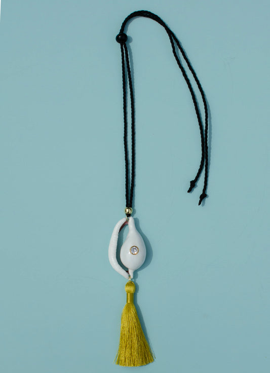 Chartreuse Cowrie Tassel Necklace