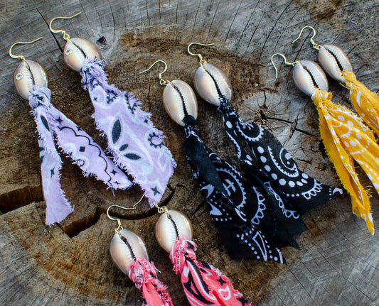 Cowrie Shell & Frayed Bandana Earrings
