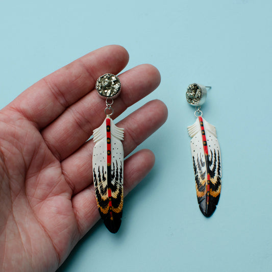 Bone Feather & Pyrite Earrings-RESTOCKED