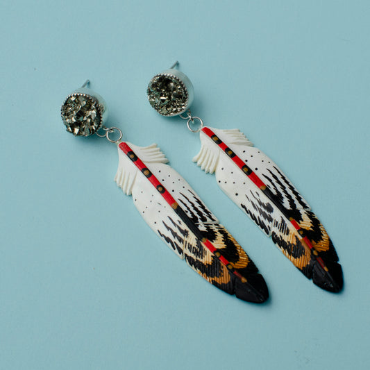 Bone Feather & Pyrite Earrings-RESTOCKED