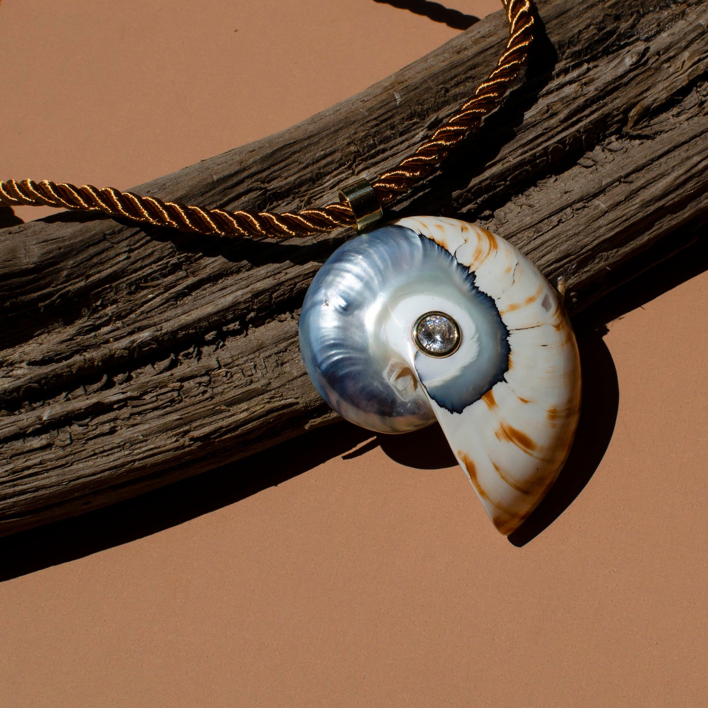 Large Stone Inlay Tiger Nautilus on Silk Cord