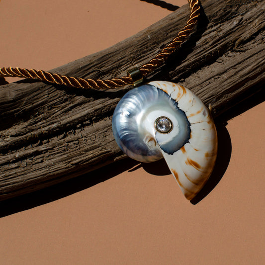 Large Stone Inlay Tiger Nautilus on Silk Cord