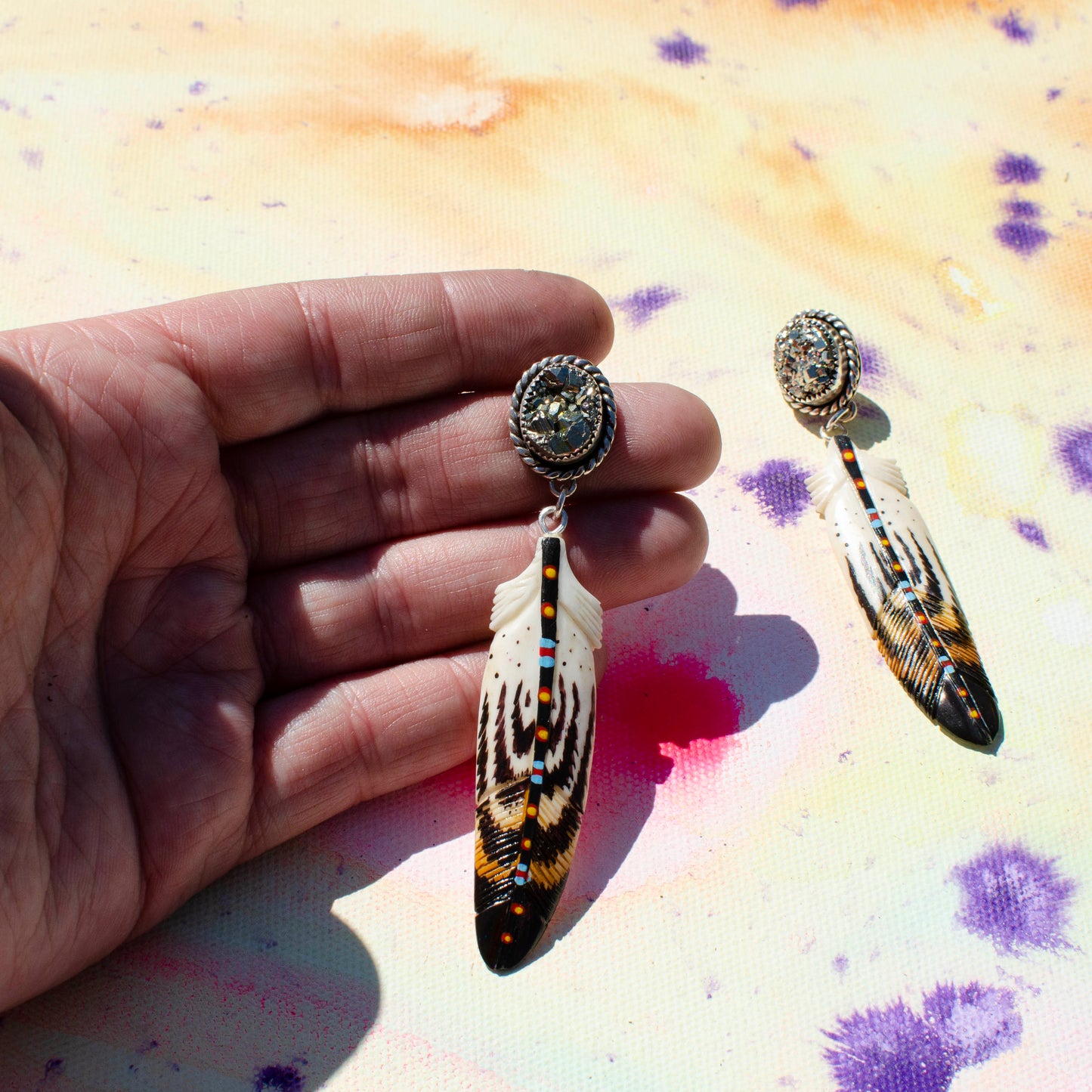 Sparkle Pyrite Feather Bone Earrings