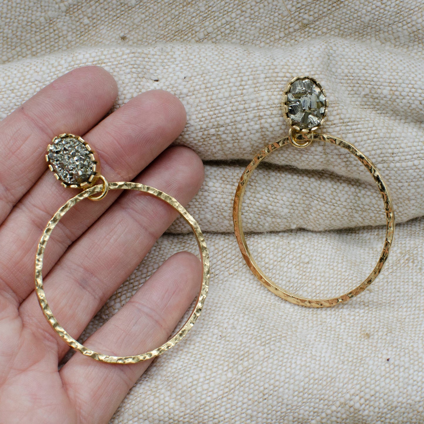 Peruvian Pyrite Hammered Gold Hoop Earrings No