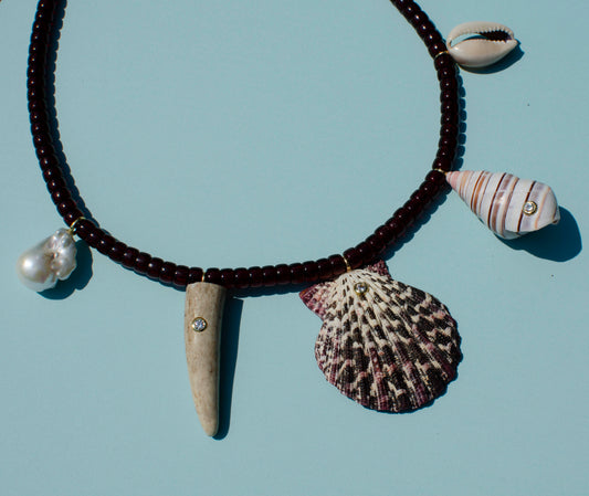 Maroon Beaded Mutli Shell Necklace
