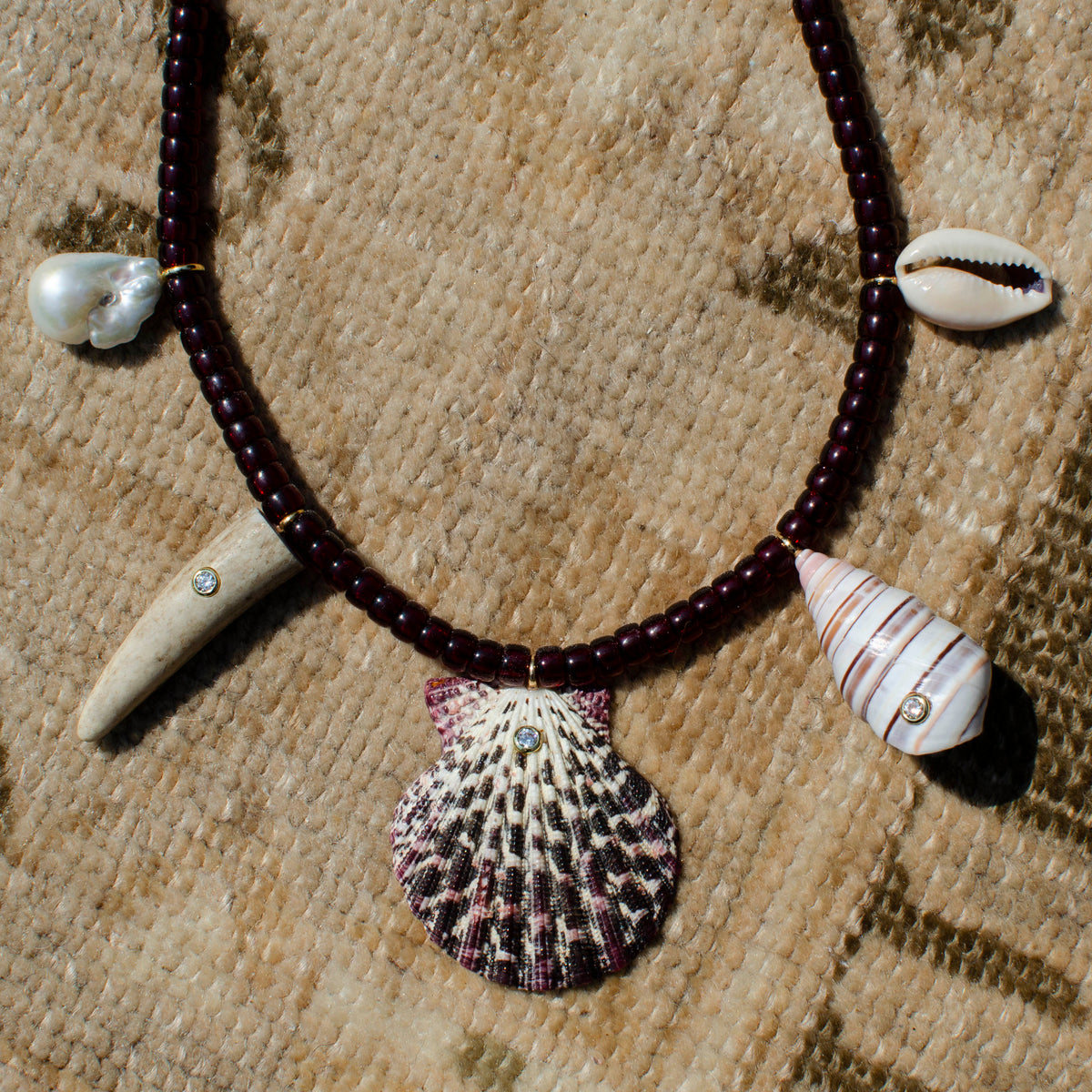 Maroon Beaded Mutli Shell Necklace