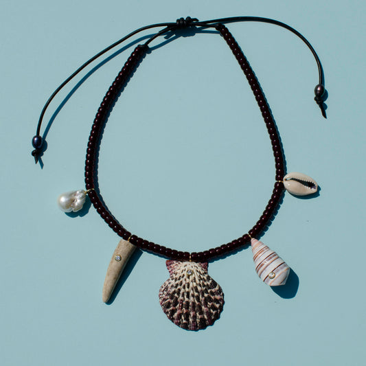 Maroon Beaded Mutli Shell Necklace