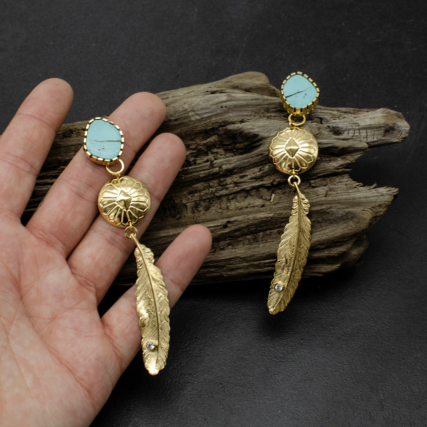 Sleeping Beauty Concho & Feather Earrings