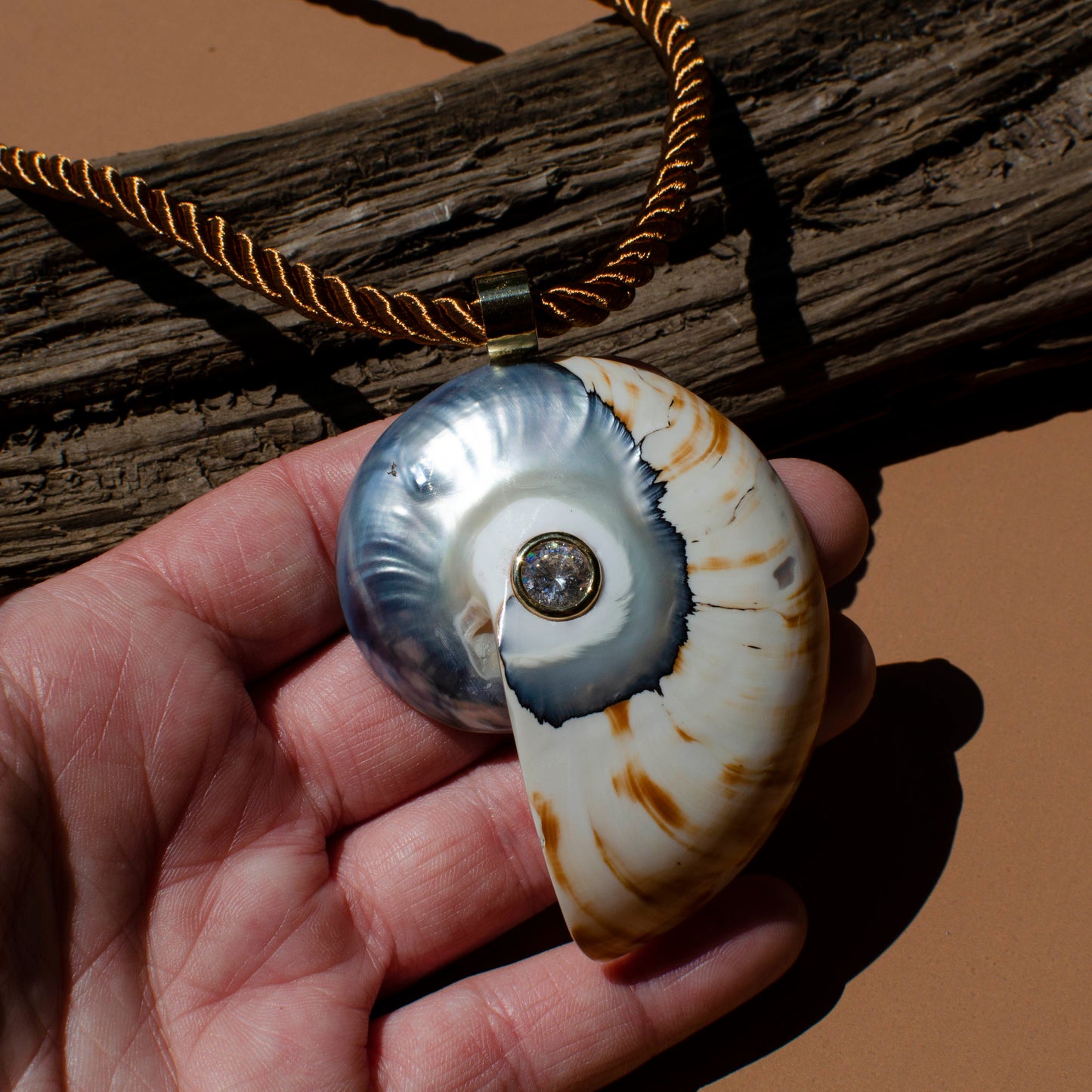 Large Stone Inlay Tiger Nautilus on Silk Cord
