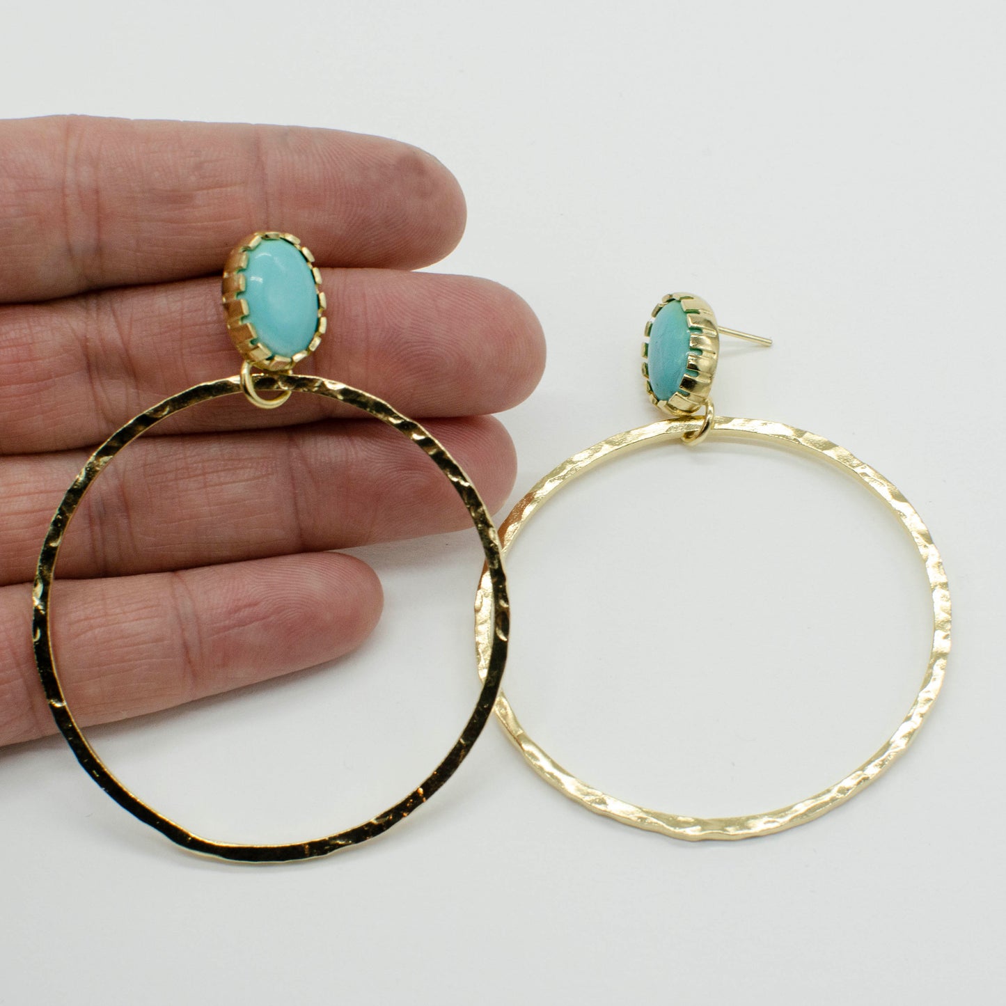 Hammered Turquoise Gold Hoops
