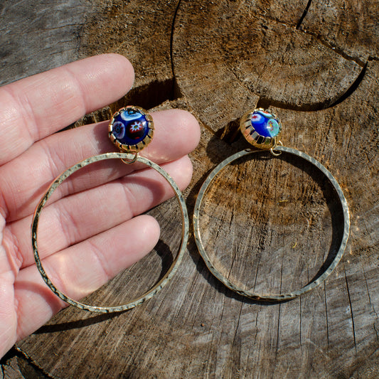 Millefiori Blue Glass Gold Hammered Hoops