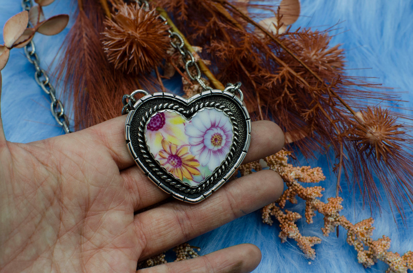 One-of-a-Kind Vintage Broken China Floral Heart Pendant