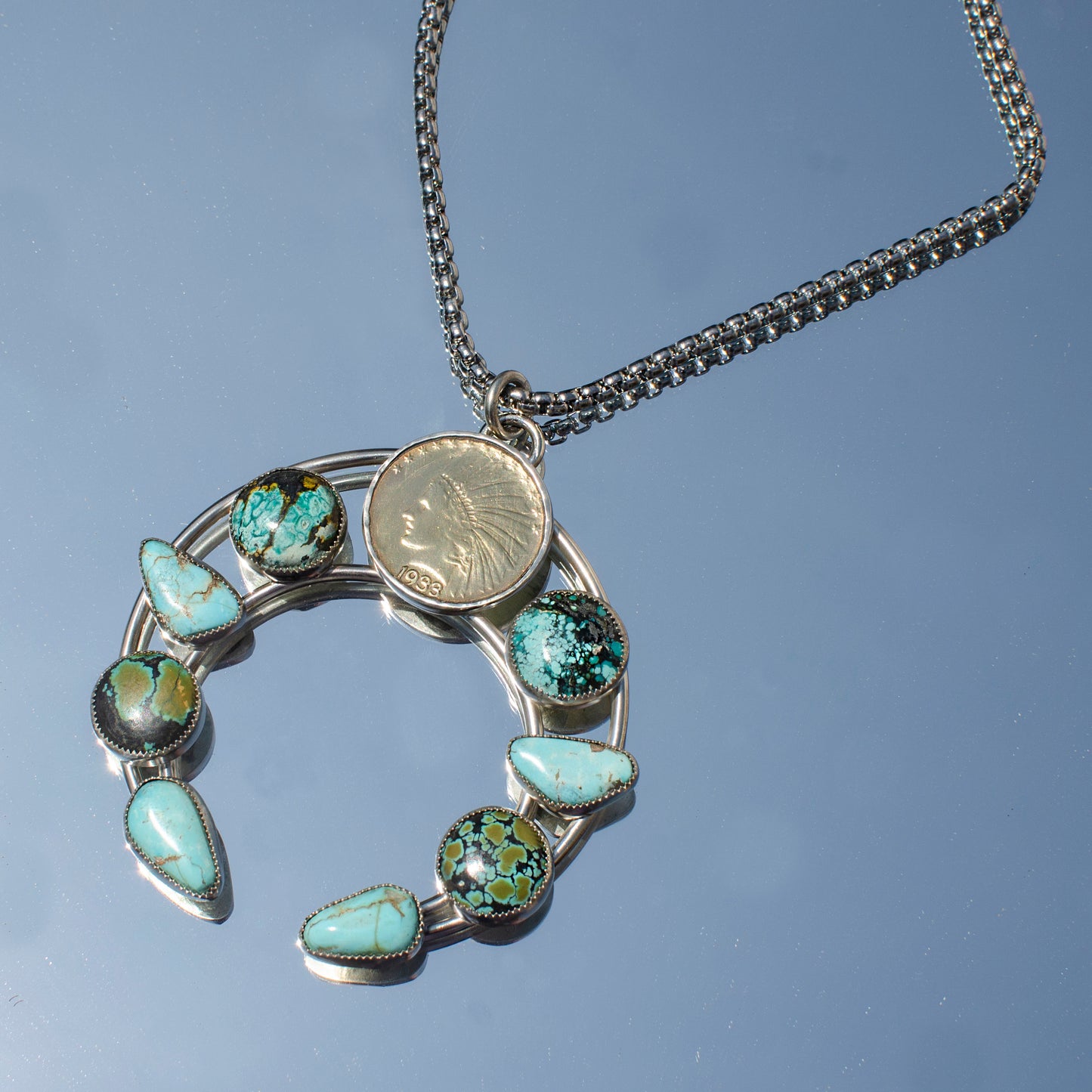 Liberty Coin Turquoise Squash Blossom