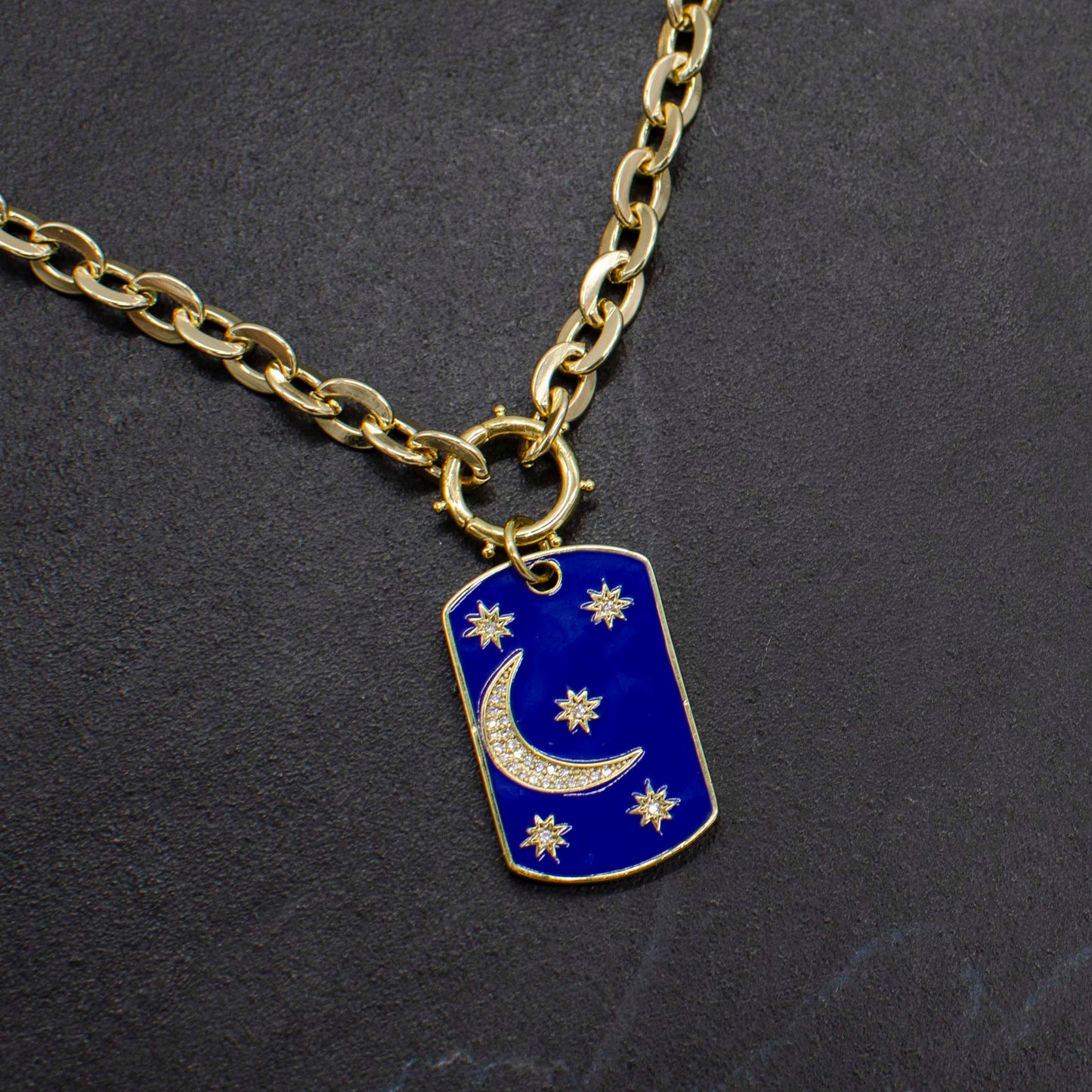 Enamel Moon and Stars Tag Necklace