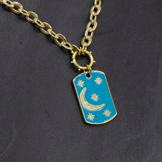 Enamel Moon and Stars Tag Necklace
