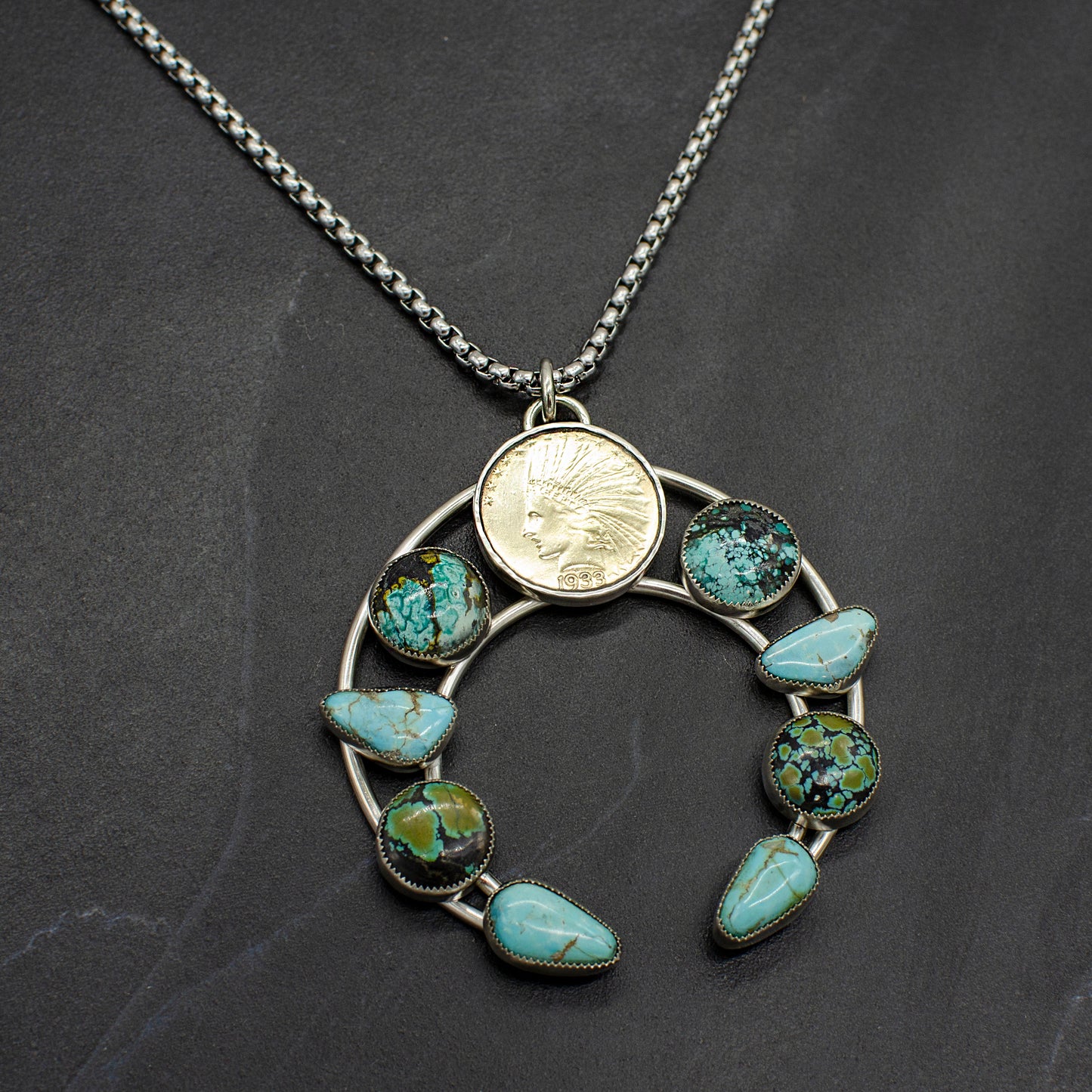 Liberty Coin Turquoise Squash Blossom