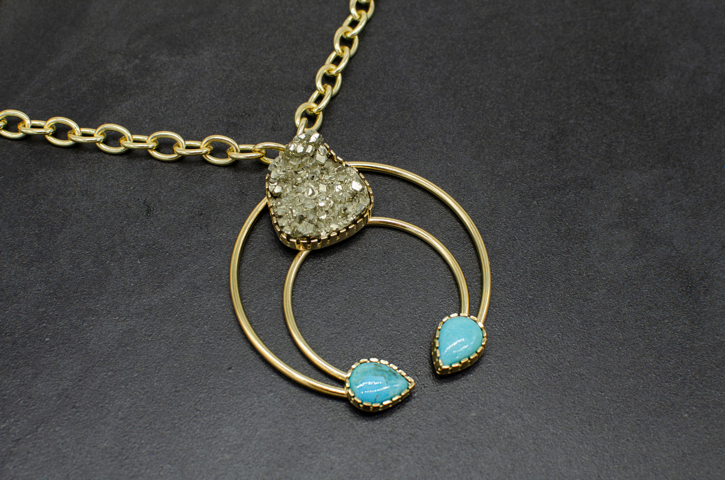 W-Gold Pyrite & Turquoise Cosmic Squash Blossom