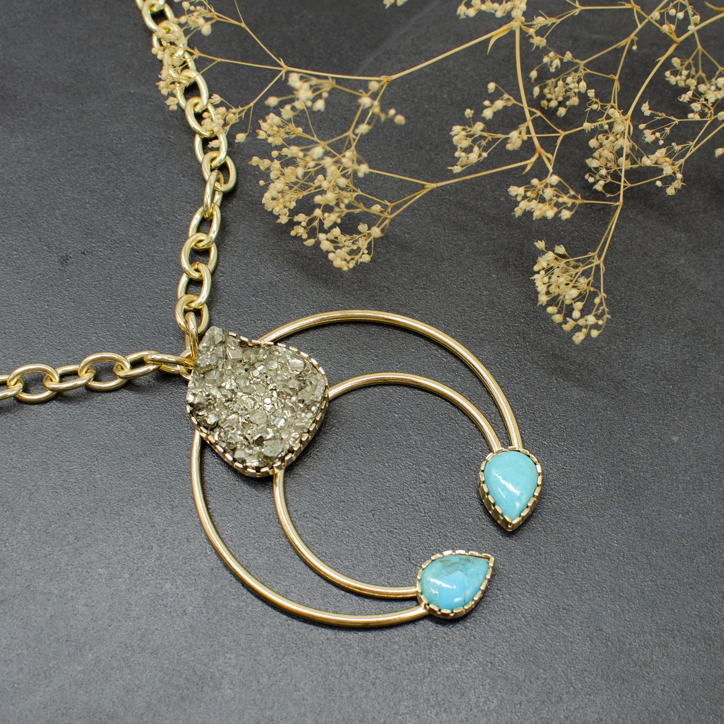 W-Gold Pyrite & Turquoise Cosmic Squash Blossom