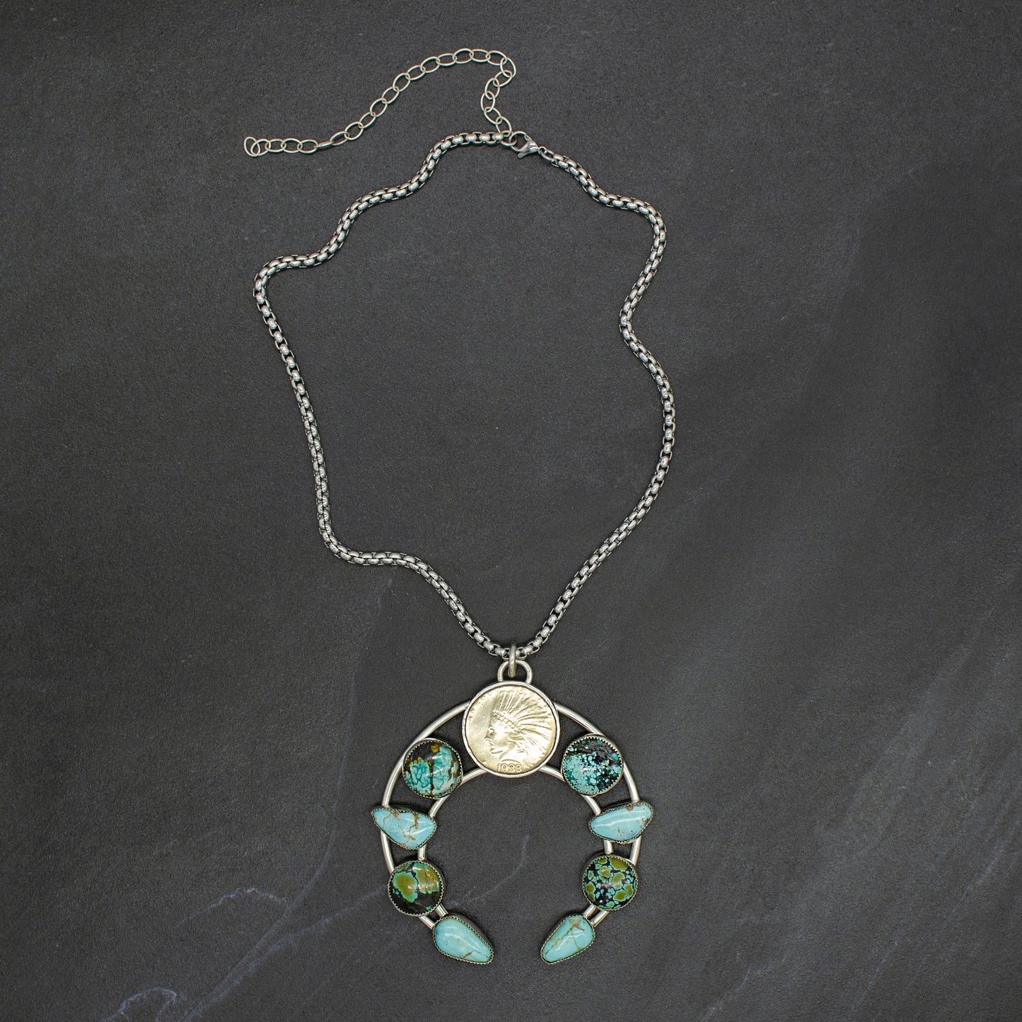 Liberty Coin Turquoise Squash Blossom