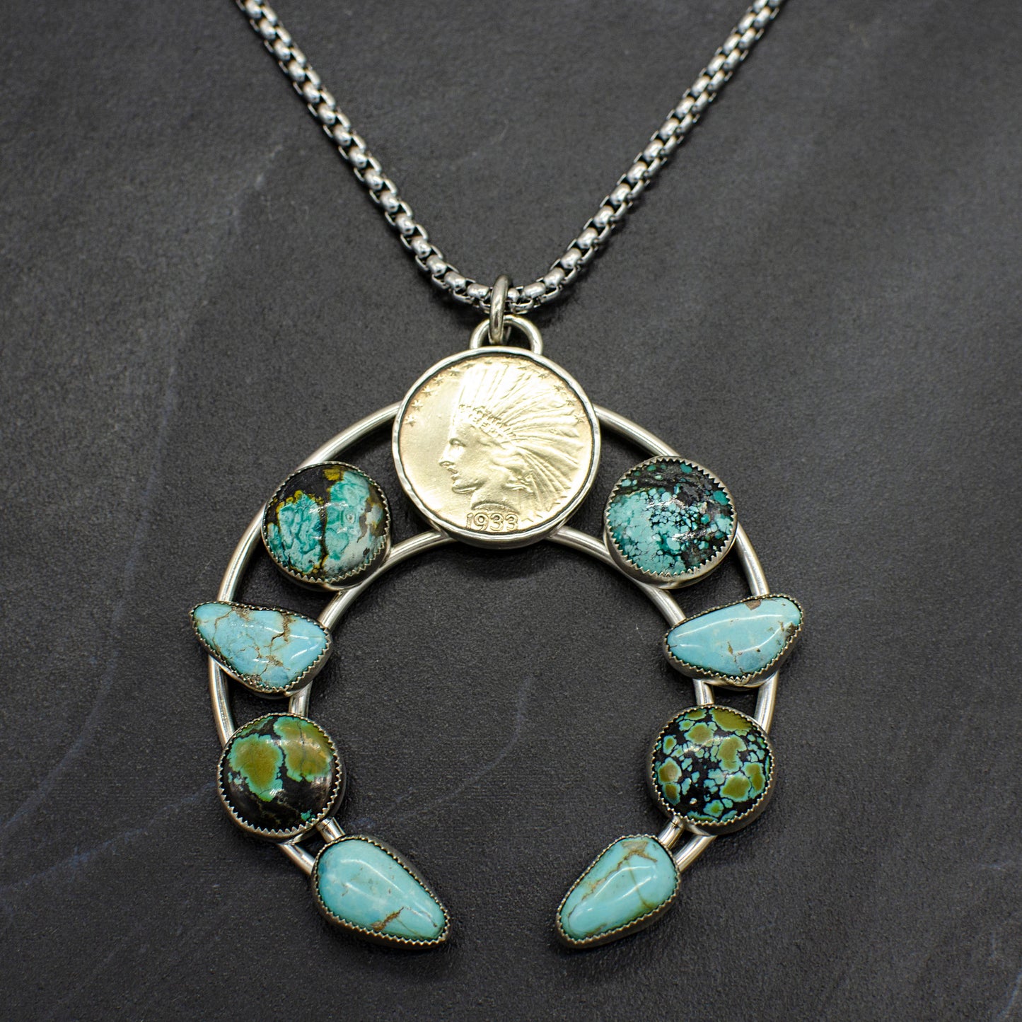 Liberty Coin Turquoise Squash Blossom