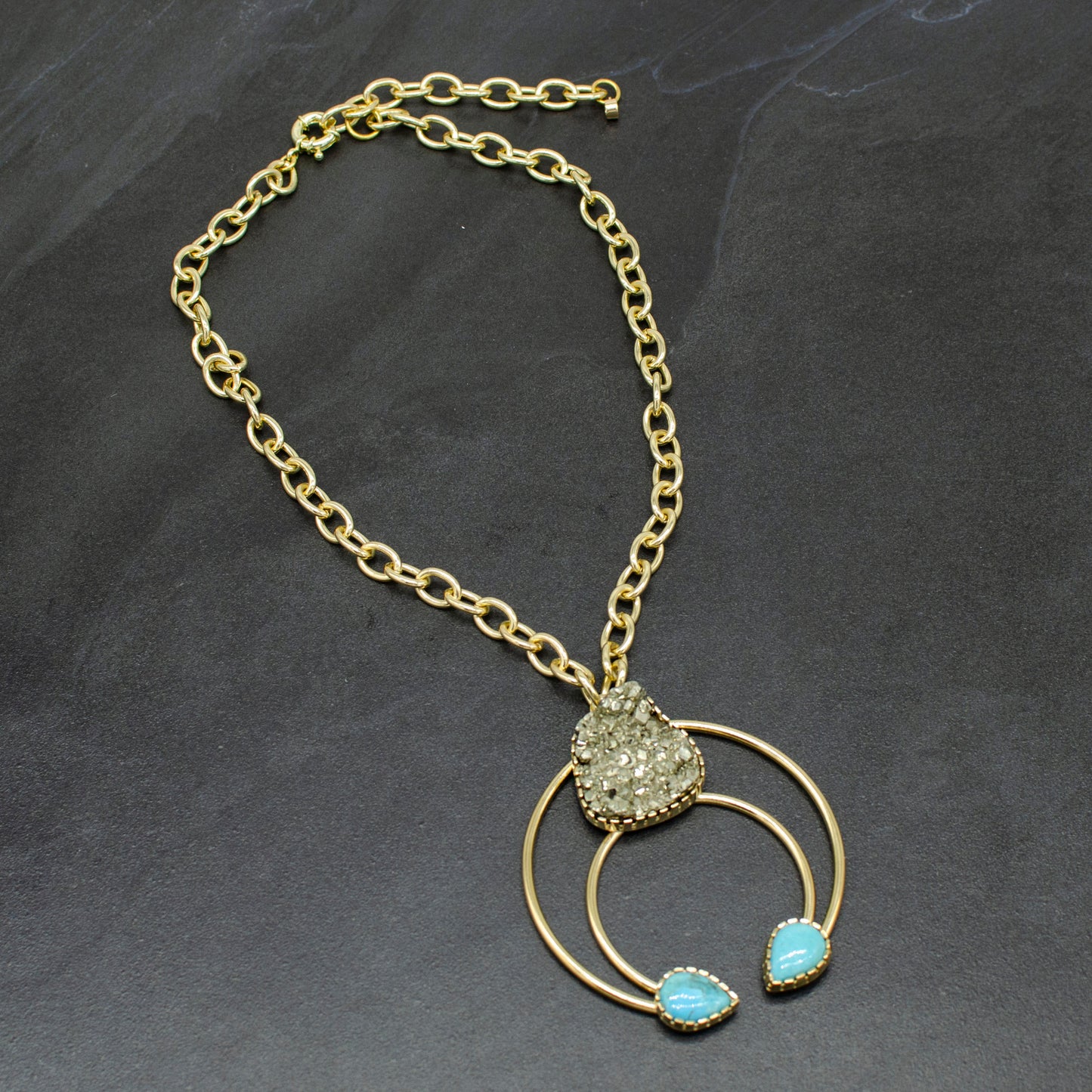W-Gold Pyrite & Turquoise Cosmic Squash Blossom