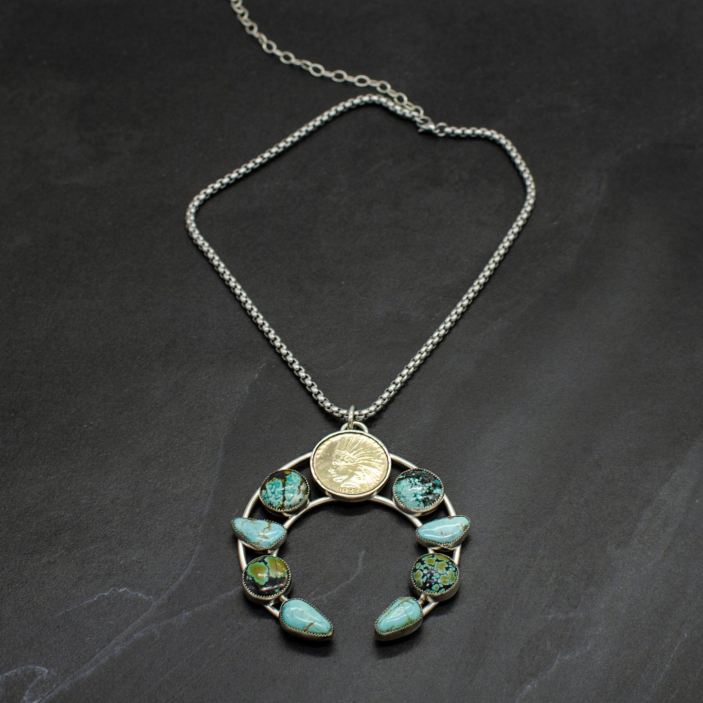 Liberty Coin Turquoise Squash Blossom