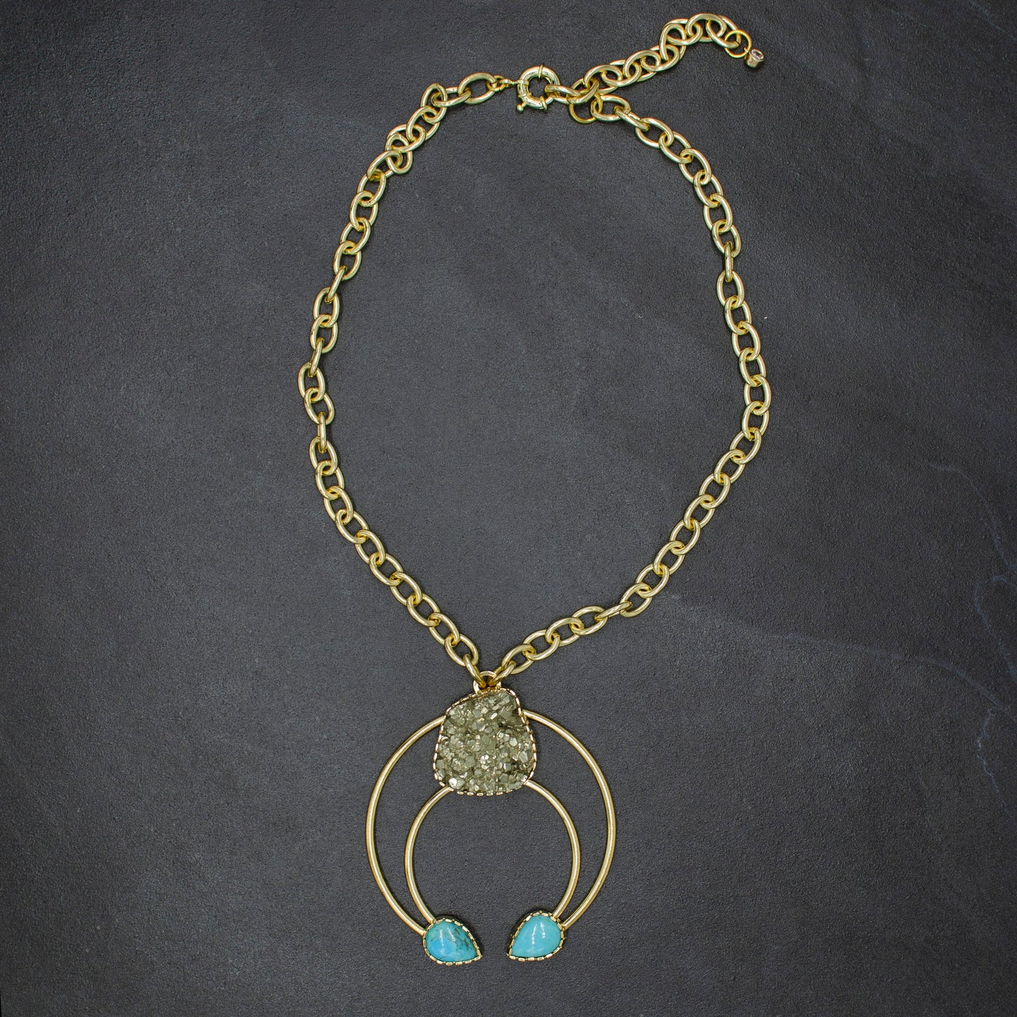 W-Gold Pyrite & Turquoise Cosmic Squash Blossom